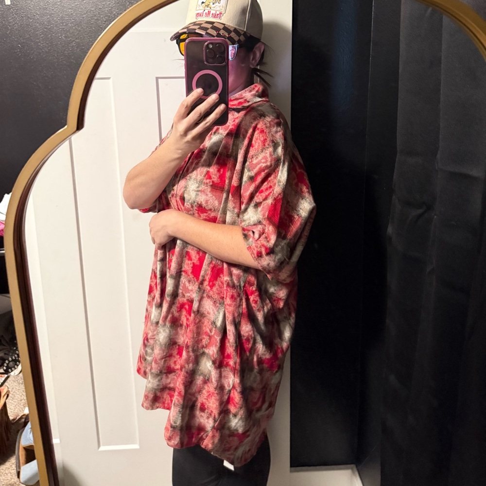 Stylish Red and Gray Plaid Women's Button Down Shirt